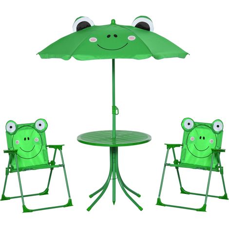 Ensemble table et chaises de jardin pour enfants, set de pique-nique pliable, avec parasol réglable en hauteur (100-125 cm), motif grenouille verte (1/5)