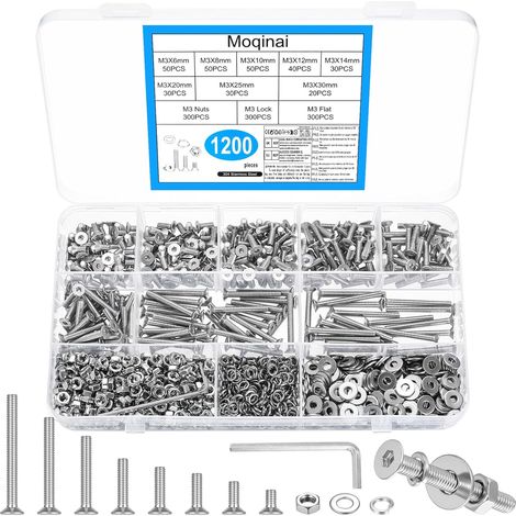1200 pièces Kit de Vis M3, Vis à tête fraisée en Acier Inoxydable, Écrous et Rondelles, Ensemble de Vis Hexagonales et Vis à Six Pans, Kit M3 Complet avec Clé (1/5)