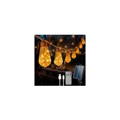 Guirlande Lumineuse Exterieure, Guirlande Guinguette Solaire avec 16 Ampoules, Corde de Chanvre 10M, 8 Modes IP64 Étanche, Télécommande et Chargement USB, pour Jardins, Cours, Bistrots,Pavillon (1/4)