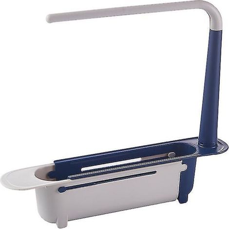 Étagère télescopique bleue pour évier de cuisine, multifonctionnelle, avec porte-torchons suspendu. (1/5)