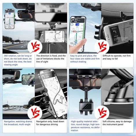 AJW-Support Téléphone Rétroviseur Voiture Universel Multifonctionelle Support Telephone de Voiture Rotatif et Rétractable pour[1085] (1/4)
