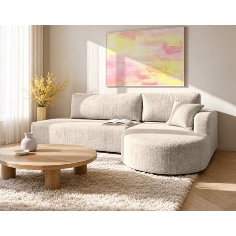 Miro - canapé d'angle droit 4 places convertible avec coffre en velours texturé - beige (1/5)