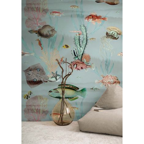 Papier peint intissé Animaux Bleu, Multicolore, Rose - 1,59 x 2,8 m (1/3)