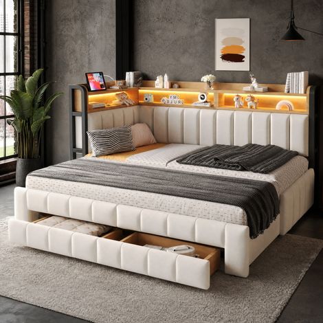 Sofá cama (211x105x90 cm), convertible en cama doble, con almacenaje, LED, USB y Tipo C, terciopelo beige (1/5)