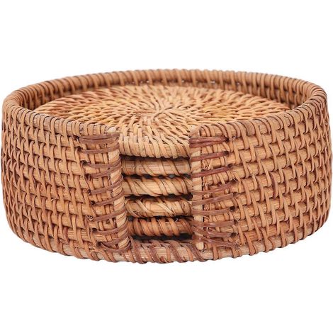 5er-Set handgewebte Rattan-Untersetzer, 10 cm, elegantes Design, multifunktional, für Geschirr, Teller, Tassen, als isolierende Topfuntersetzer.