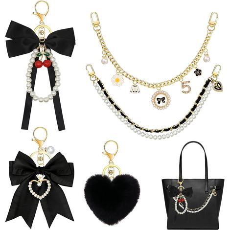 Set of 5 black handbag charms, accessories with beaded chain and gold chain for Yeti Camino Tote beach bag Includes a bow keychain and fur pom-pom charms (1/5)