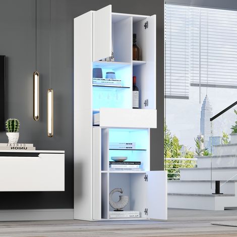Vetrina LED, mobile contenitore alto / soggiorno e camera da letto, finitura lucida, 4 ante e 1 cassetto, 55×38×170 cm, bianco