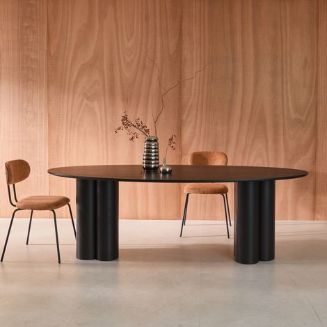 Table à manger ovale bois d'hévéa et placage chêne noir 8 places 220cm - Leonore