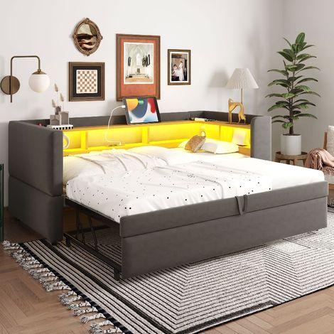 Ausziehbares Schlafsofa Polsterbett mit LED & Steckdose, 90/180x190cm, Multifunktionsschlafsofa mit Ablagefächern, Flanell Dunkelgrau (1/5)