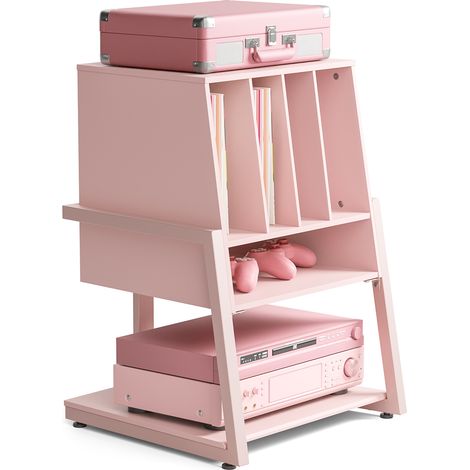 Meuble TV FITUEYES –Meuble Hi-Fi 5 compartiments, 78 cm de hauteur – Rangement pour 120 vinyles, effet noyer, pieds antidérapants– Rose (1/5)