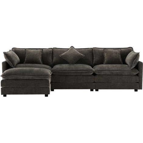 Divano angolare a L 3 posti in ciniglia con pouf mobile, grigio scuro, 283x147x84 cm MODENUIT (1/5)