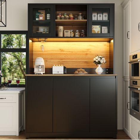 Aparador alto con LED y puertas acrílicas negro mate OKMYHOME
