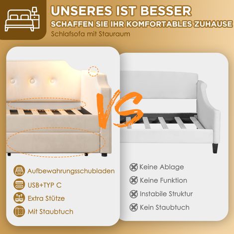 Canapé-lit rembourré 90×200cm beige velours,USB Type-C,2 tiroirs,base lattes bois,lit pour jeunesse vendu sans matelas (1/5)
