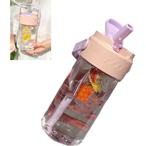 Gobelet à paille fleuri, grande capacité, idéal pour les étudiantes et les enfants, avec compartiments séparés pour le thé et l'eau, en plastique rose. (1/5)