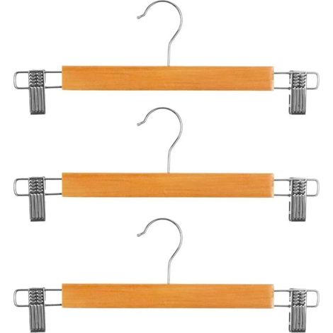Lot de 3 Cintres Bois Pinces Métal Antidérapantes Pour Pantalons Et Shorts Rangement Armoire