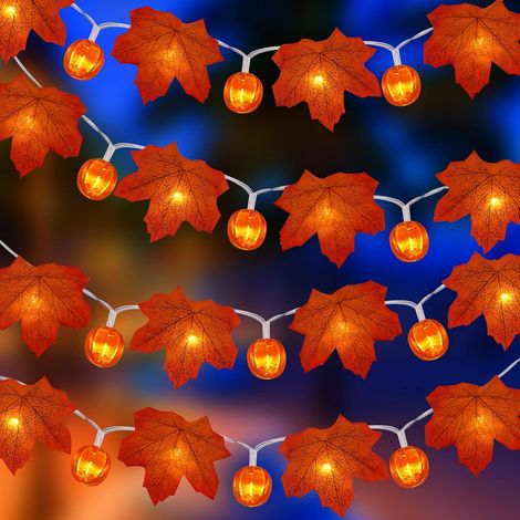 Guirlande Lumineuse Feuille D Erable - 20 LED Citrouille - 3 M - Étanche - Fonction Clignotante Ou Fixe - Pour Décoration Automne Halloween Noël