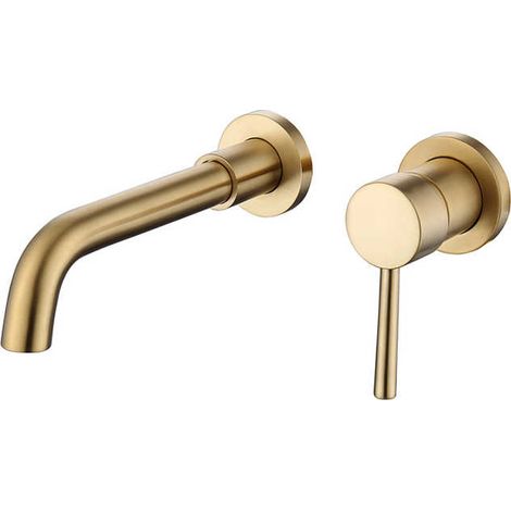 Wall Mounted Sink Faucet, Brass Bathroom Faucet Mixer Tap, Brushed Gold (1/5)