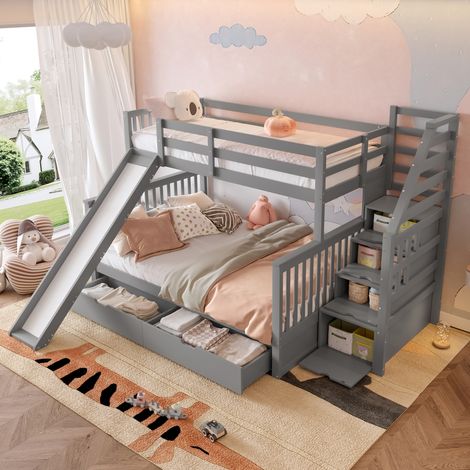 Etagenbett 90x200/140x200 cm Grau aus Kiefernholz mit Rutsche, Schubladen und Treppe (1/5)
