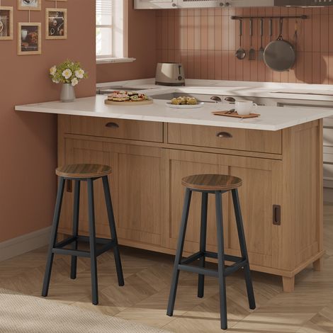 Klihome Barhocker 2er Set, Barstühle Küchenstühle, rund Tresenhocker mit Fußstütze, Küchenhocker mit Metallgestell, bis 150 kg belastbar, für Bar Kücheninsel Esszimmer, Dunkle Eiche