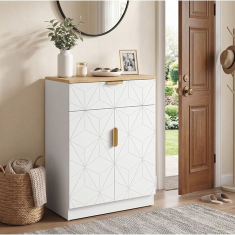 Buffet moderno 60 cm per salone con cassetto, ripiani regolabili e ante testurizzate, finitura bianco e legno naturale (1/5)