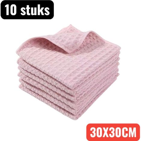 Set of 10 ultra-absorbent, scratch-resistant, 30 x 30 cm waffle-weave microfiber cleaning cloths in pink (1/5)
