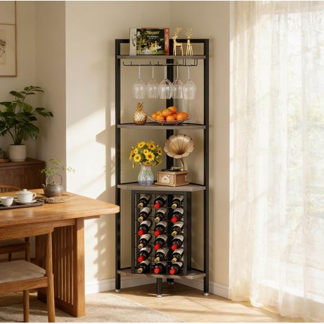 Mueble esquinero para vinos 90° 4 niveles gris en MDF y metal con colgadores de copas y almacenamiento (1/5)
