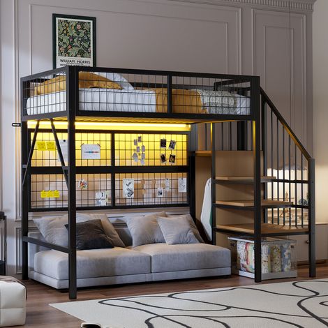 Lit mezzanine fer noir 90×200cm,LED APP,escalier rangement,armoire ouverte,meuble polyvalent pour enfants et adolescents