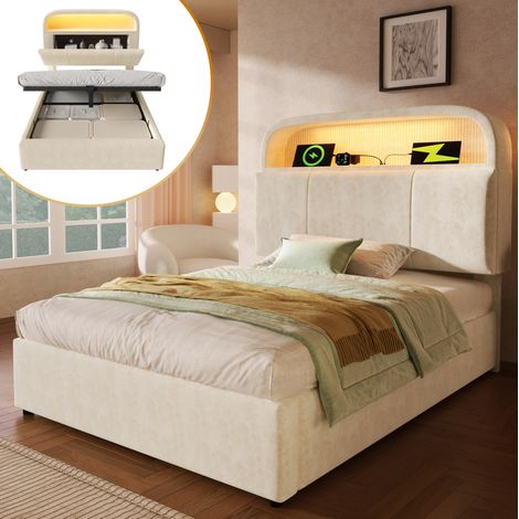 Letto imbottito singolo moderno 90x200 cm in velluto beige con testiera regolabile, vano contenitore idraulico, LED, USB e rete a doghe (1/5)
