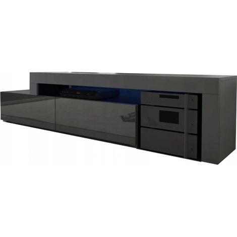 Dusine – Meuble TV extensible noir laqué avec LED USB – Dimensions 148/280x37x45 cm – Mélaminé certifié FSC – Angle modulable (1/4)