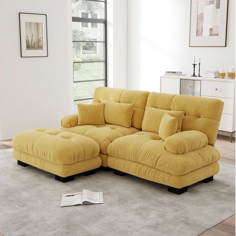 Divano angolare 220/145/81 cm in ciniglia gialla, stile cloud con pouf mobili e cuscini (1/5)