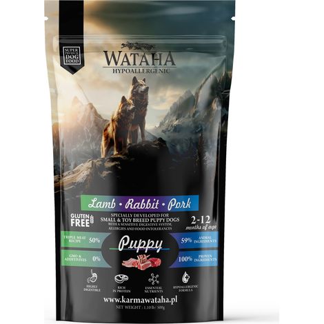 Croquettes hypoallergéniques Wataha pour chiots de petites races. Agneau, lapin et porc au riz 500 g (1/2)