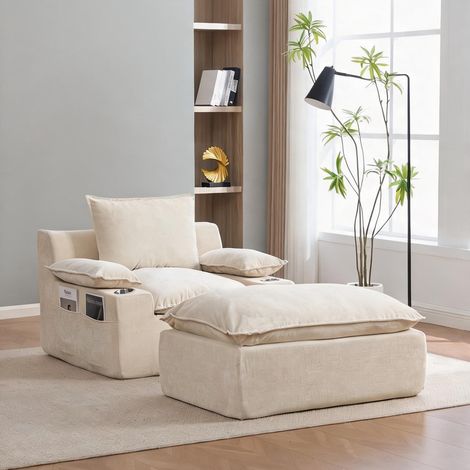 Fauteuil relax chaiselongue en tissu chenille beige en chenille (1/5)