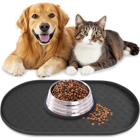 Tapis de gamelle pour chien et chat - Antidérapant - En silicone - Pour gamelle pour chien et chat - 100 % imperméable - Avec bords surélevés - Passe au lave-vaisselle (noir, M : 48 x 30 cm) (1/5)