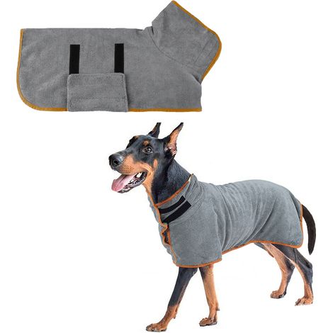 Serviette pour chien, peignoir de bain en microfibre à séchage rapide et ultra-absorbant, avec collier et taille ajustables (gris), taille S