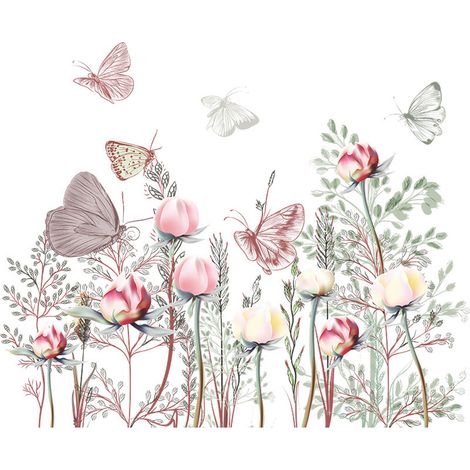 Vintage-Wandtattoo mit Aquarellblumen und Schmetterlingen, ideal für Kinderzimmer, Wohnzimmer oder Büro