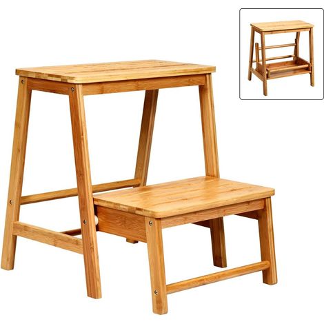 COSTWAY 2-Stufen Tritthocker, Leiterstuhl klappbar Bambus Trittleiter bis 150kg Haushaltsleiter 45 x 51 x 48 cm (1/5)