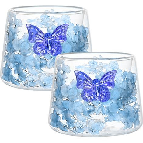 Juego de 2 Tazas de Café Doble Pared Vidrio Borosilicato Asa Mariposa Azul Aislamiento Térmico – Ideal para el Hogar (1/5)