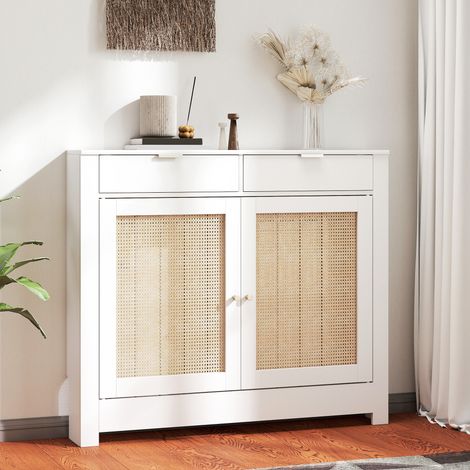 Cubre Radiadores con Puertas Abatibles y Ratán 2 Compartimentos Diseño Bohemio para Salón Dormitorio Blanco (1/5)