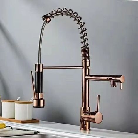 Robinet d'évier de cuisine avec douchette extractible, laiton or rose sans plomb, poignée unique, levier unique, levier à ressort, robinet mitigeur d'évier avec 2 modes S (1/5)