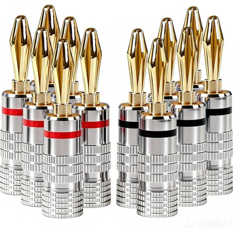 12 Fiches Banane 4mm, Connecteur Cuivre Plaqué Or, Double Vis, Pour Amplificateur Et Enceinte Hifi