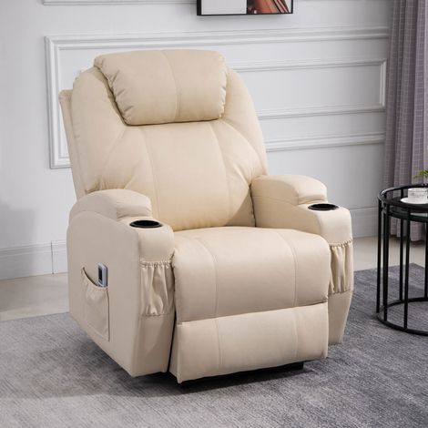 Fauteuil Luxe de Relaxation et Massage Inclinaison Dossier Repose-Pied électrique revêtement synthétique Crème