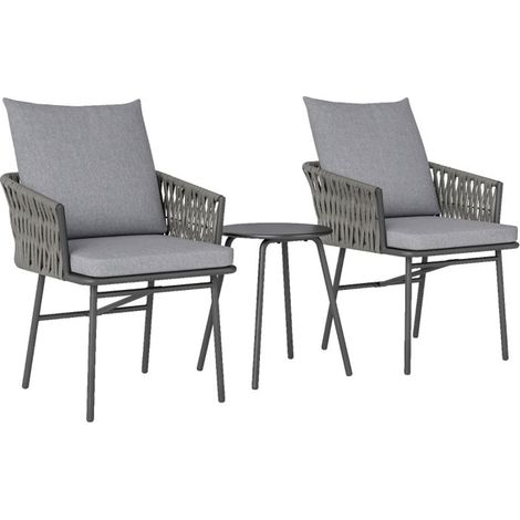 Ensemble bistro en rotin - 3 pièces - Coussins amovibles - Structure acier anti-corrosion - Gris (1/5)