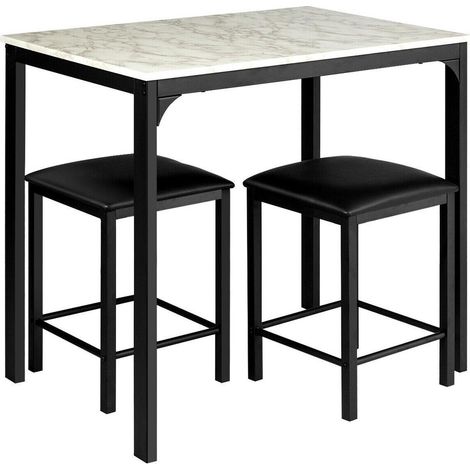 Ensemble table haute avec 2 tabourets, gain de place, plateau effet marbre et structure en fer, petit espace (1/5)