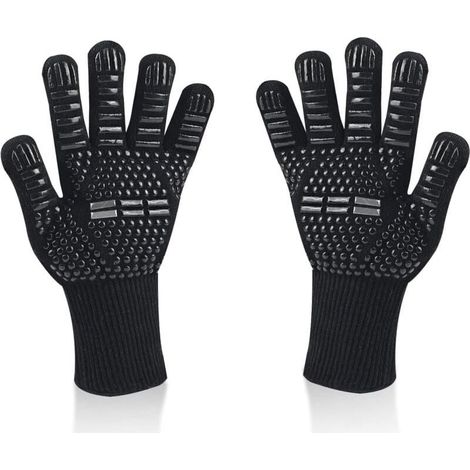 Gants de barbecue universels, résistants à la chaleur jusqu'à 800 °C, antidérapants, ignifuges, en silicone, avec protection de l'avant-bras, pour barbecue, four, cheminée (noir) (1/4)