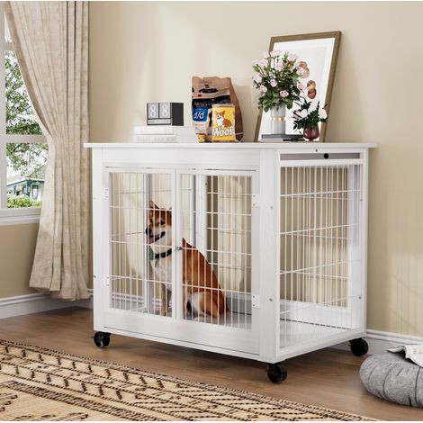 Caseta para perro estilo mueble, doble puerta, techo abatible y ruedas, blanca 80 x 56 x 69,5 cm (1/5)