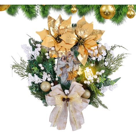 Couronne de porte Sainte – Couronne de Noël d'hiver lumineuse – Élégante décoration de maison de vacances pour les fêtes de fin d'année – Couronne d'hiver – Couronne lumineuse de Sainte (1/5)