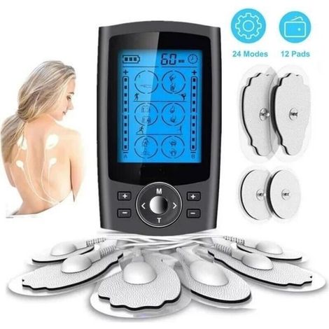 (Noir)Électrostimulateur Tens Anti-Douleur et Électrostimulation Musculaire EMS - 2 Canaux 24 programmes de Massage + 12 électrodes -Noir