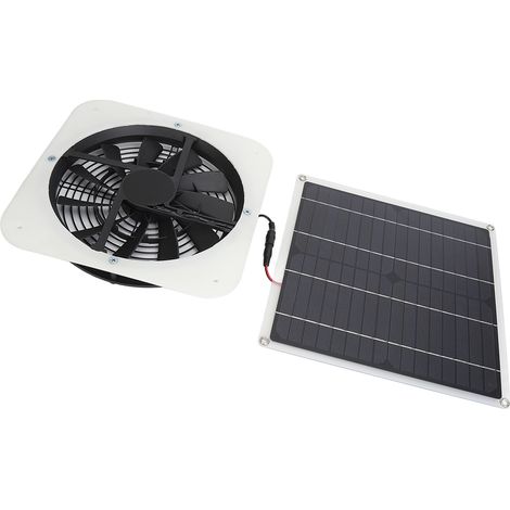 Kit de ventilateur solaire avec panneau solaire 100 W et ventilateur rond de 25 cm (10 pouces) pour serre, abri de jardin ou poulailler (blanc). (1/5)