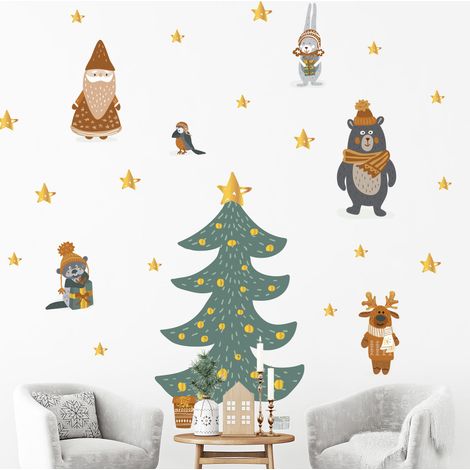 Stickers Noël scandinave au pied du sapin - Autocollants stickers adhésifs noël - décoration fêtes - 60x40cm (1/5)