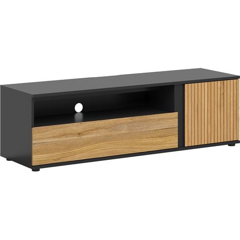 Meuble TV 1 porte 1 tiroir 155 cm Pia Noir et Bois (1/5)